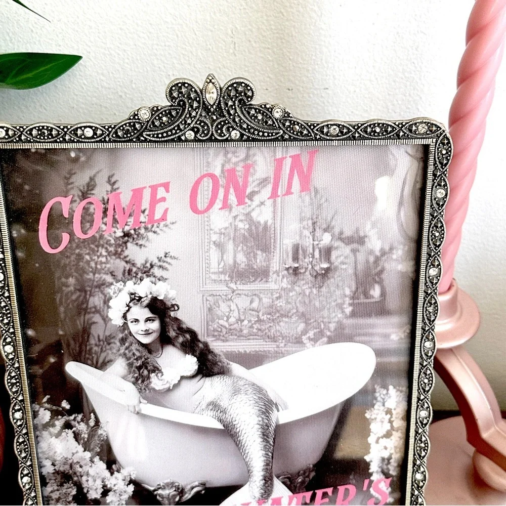 Vintage Style Mermaid in a Bathtub Canvas Wall Art Silver Rhinestone Framed